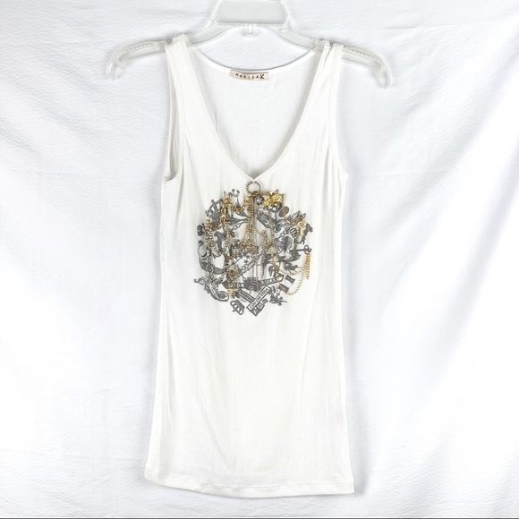 NEW-MARISA K Chains/Charms/Printed White Tank Top - Picture 1 of 8
